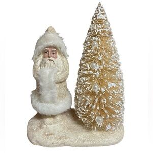 K&K Interiors Belsnickle Santa Glittered FurTrim with Bottle Brush Tree 10” NEW